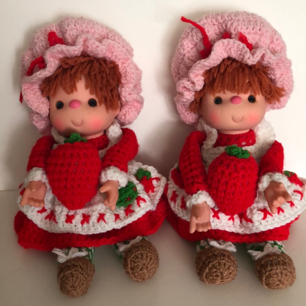 Two homemade Strawberry Shortcake Crochet Dolls